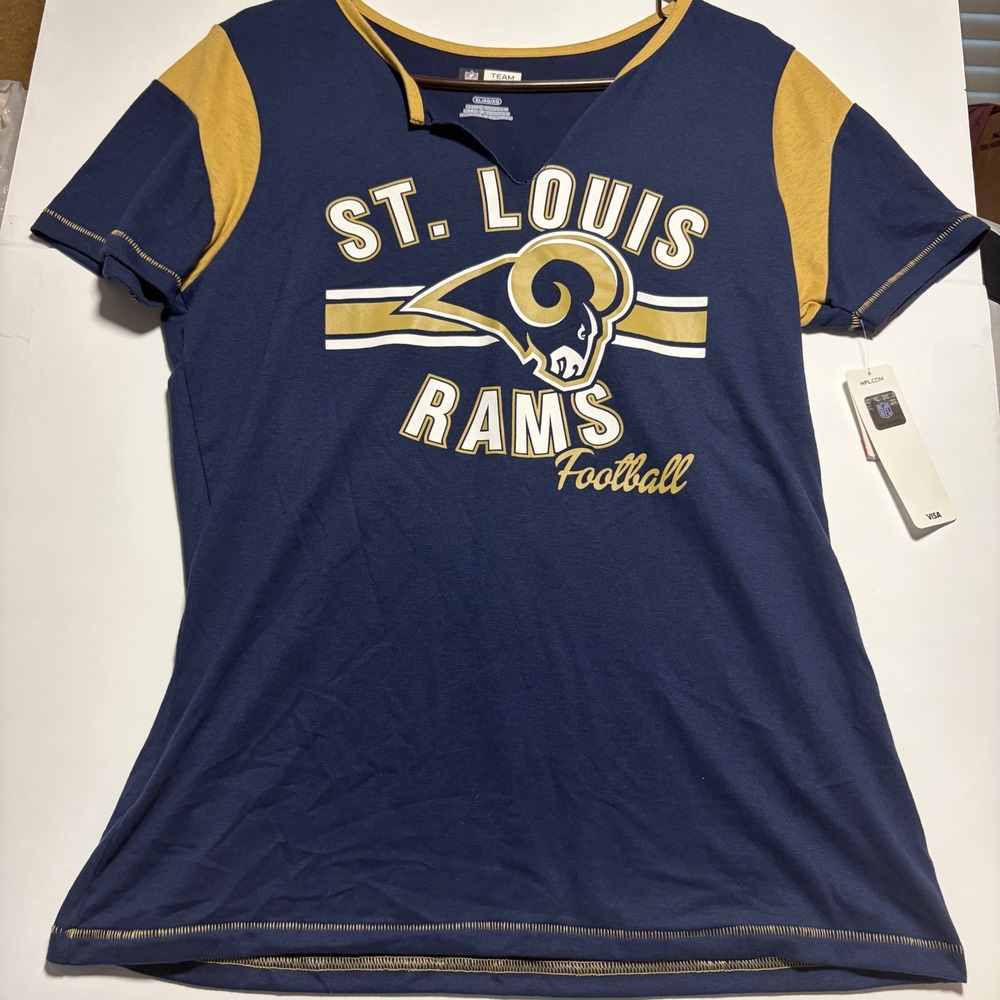 NFL Team Apparel St Louis Rams Womens XL T-Shirt Navy Blue Gold Notched V-Neck